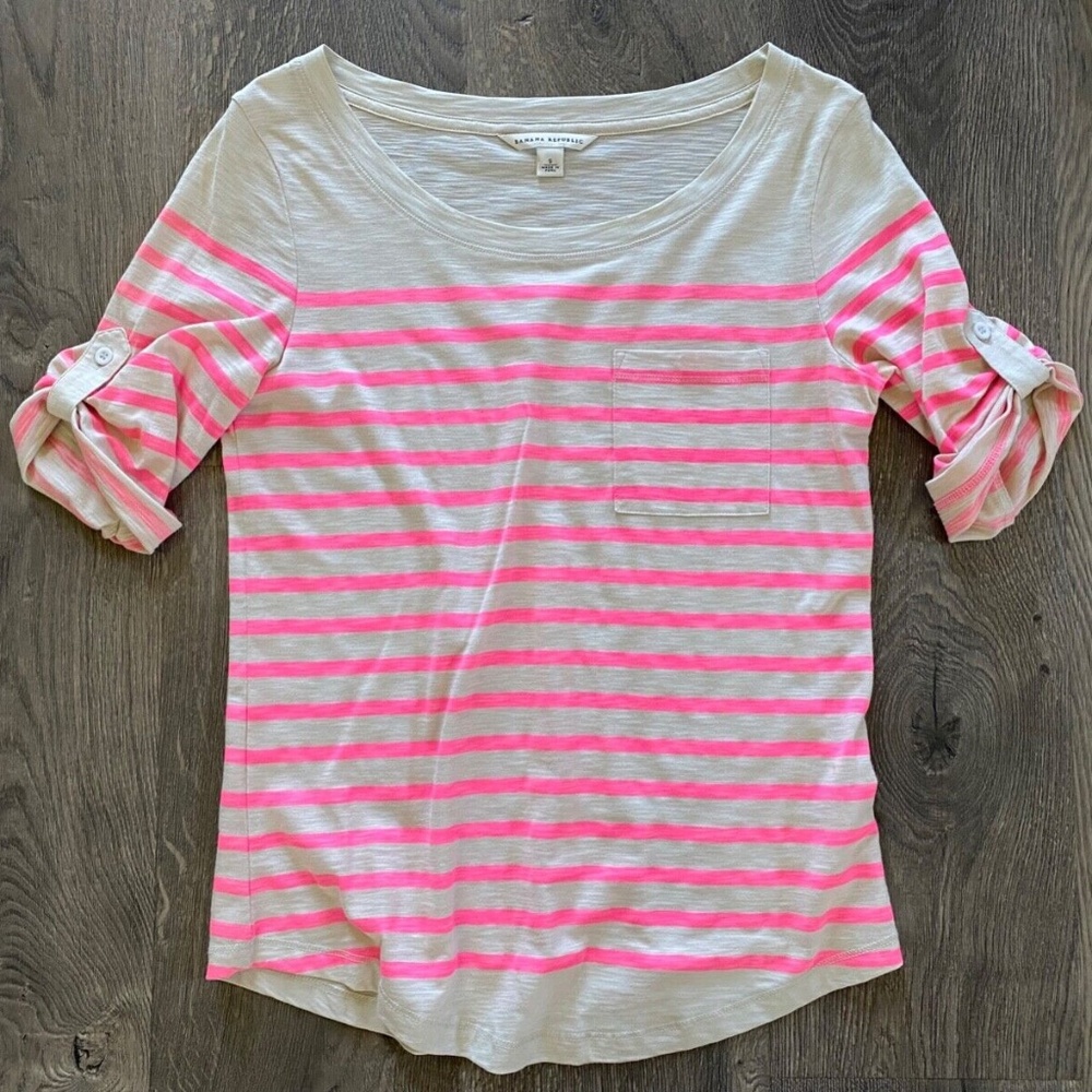 Banana Republic Pima Cotton Hot Pink White Cream Short Sleeve Blouse Top Shirt S
